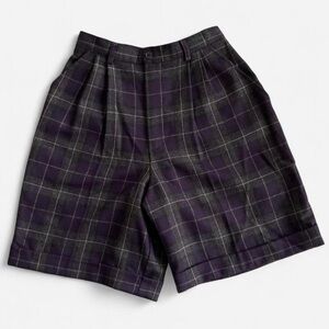 Vintage Chelsea Cambell Petites Grey Black Purple Wool Plaid High Waisted Shorts